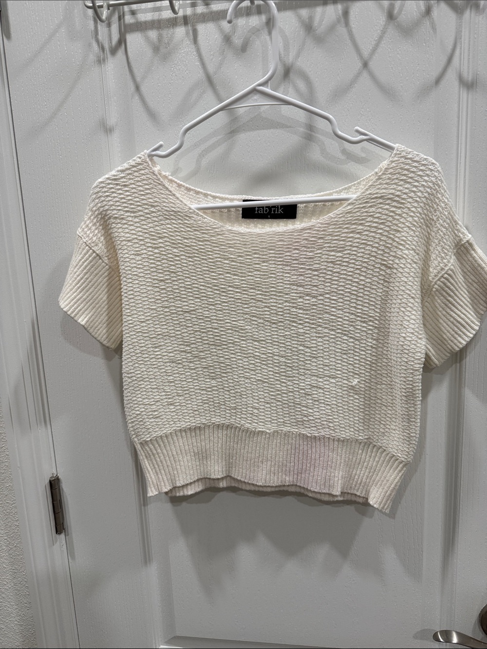 fab'rik Cream Textured Short Sleeve Cropped Knit Top